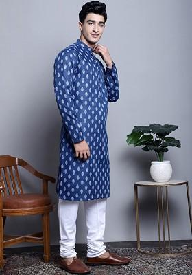 Navy Blue Printed Poly Blend Kurta Set For Men