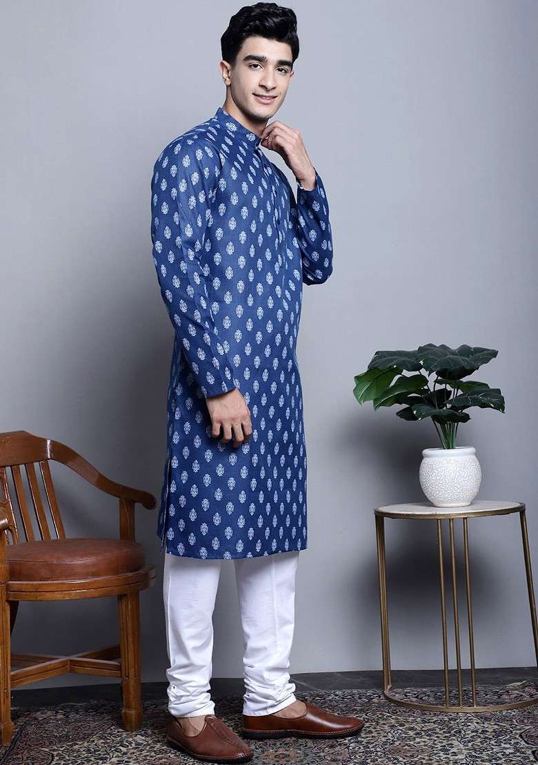 Navy Blue Printed Poly Blend Kurta Set For Men - Indya