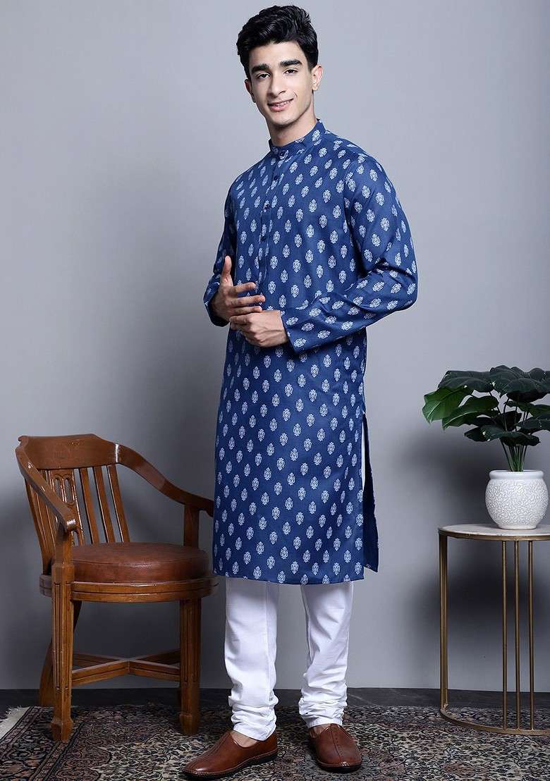 Navy Blue Printed Poly Blend Kurta Set For Men - Indya