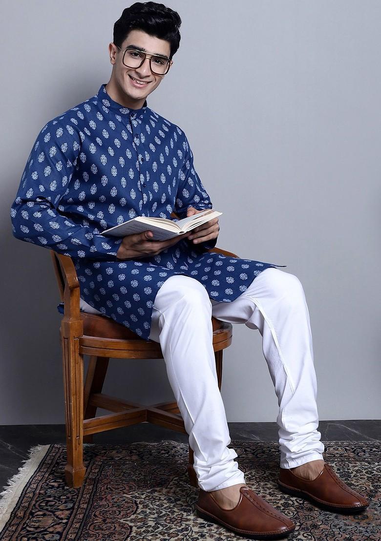 Navy Blue Printed Poly Blend Kurta Set For Men