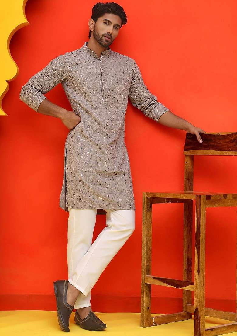 Grey Embroidered Poly Blend Kurta Set For Men - Indya