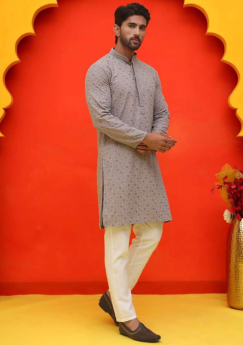 Grey Embroidered Poly Blend Kurta Set For Men - Indya