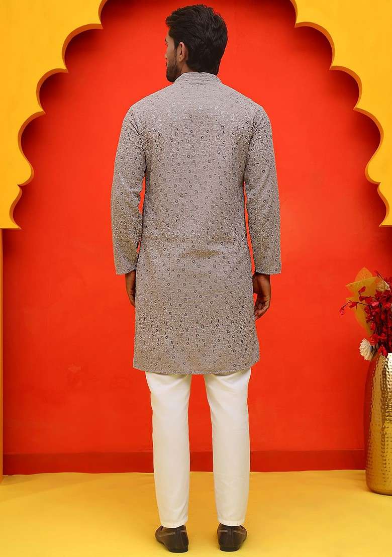 Grey Embroidered Poly Blend Kurta Set For Men - Indya