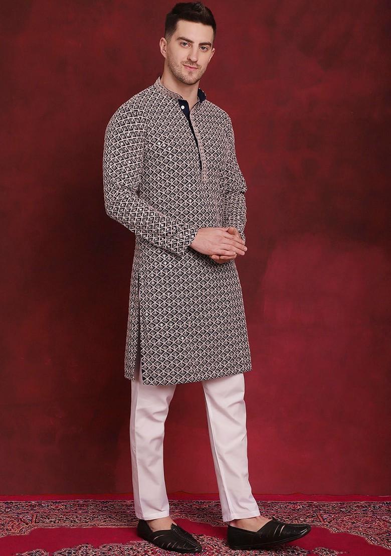 Navy Blue Embroidered Poly Blend Kurta Set For Men