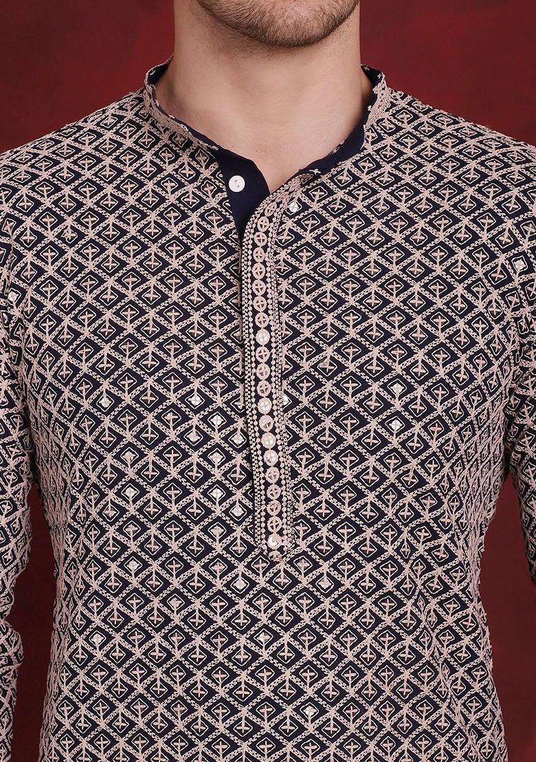 Navy Blue Embroidered Poly Blend Kurta Set For Men