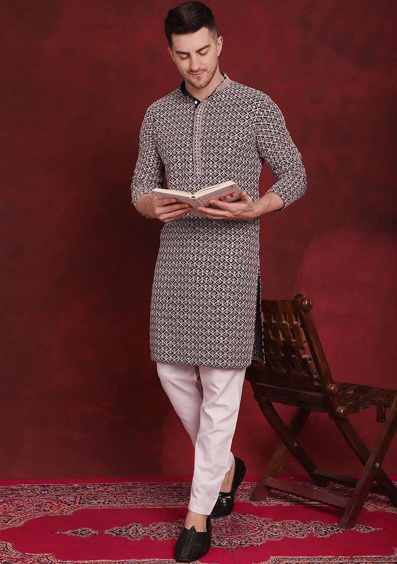 Navy Blue Embroidered Poly Blend Kurta Set For Men
