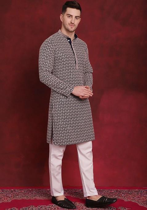 Navy Blue Embroidered Poly Blend Kurta Set For Men