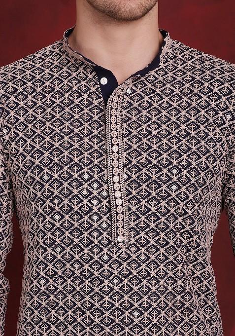 Navy Blue Embroidered Poly Blend Kurta Set For Men