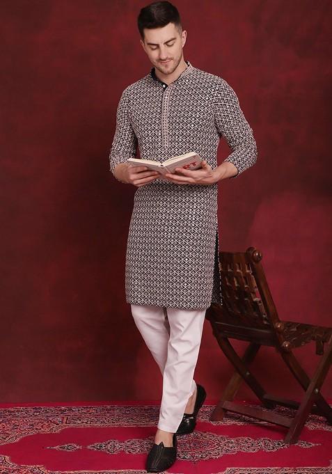 Navy Blue Embroidered Poly Blend Kurta Set For Men