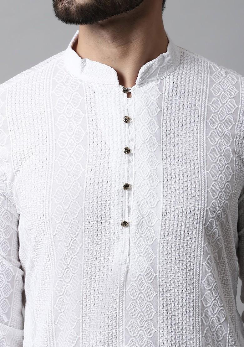 White Embroidered Poly Blend Kurta Set For Men