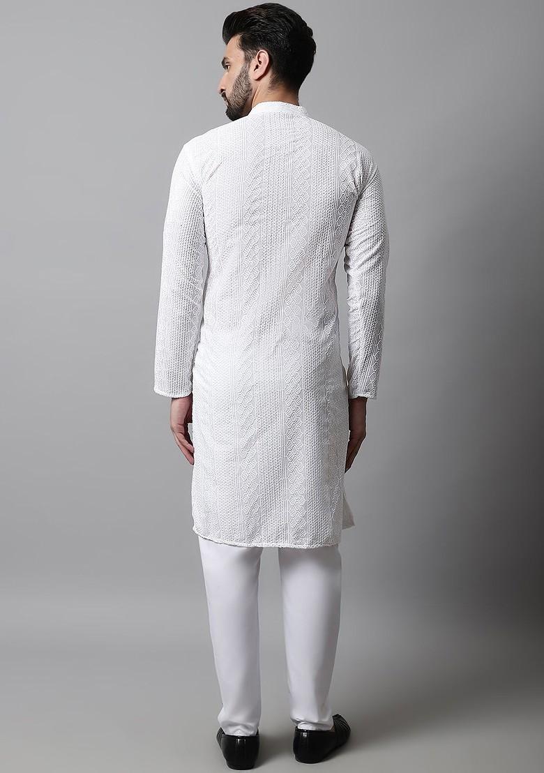 White Embroidered Poly Blend Kurta Set For Men