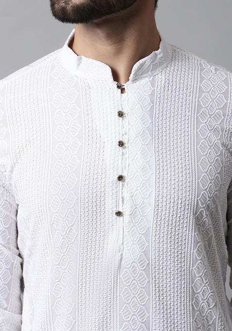 White Embroidered Poly Blend Kurta Set For Men