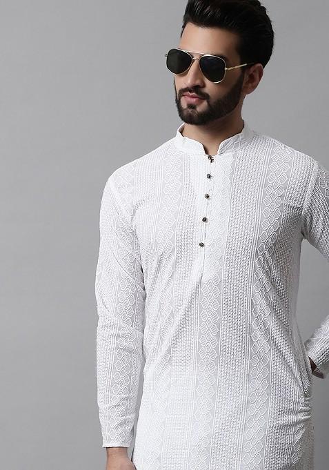 White Embroidered Poly Blend Kurta Set For Men