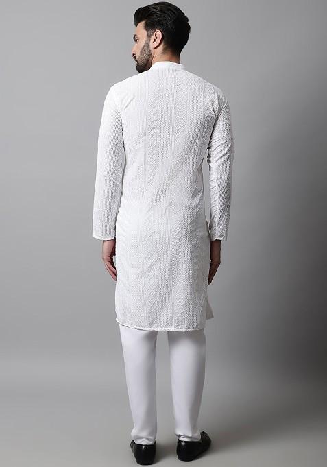 White Embroidered Poly Blend Kurta Set For Men