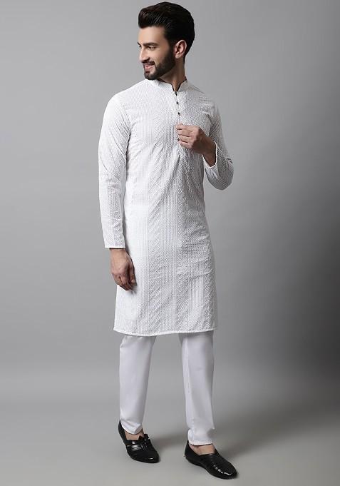 White Embroidered Poly Blend Kurta Set For Men