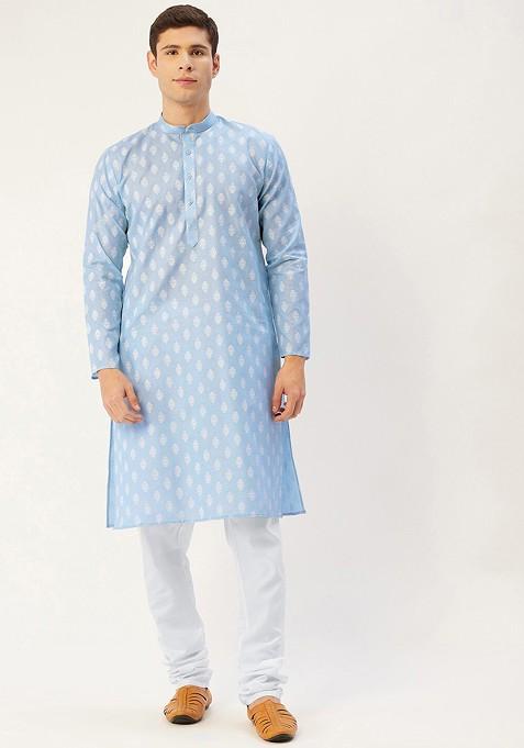 Blue Printed Poly Blend Kurta Set For Men