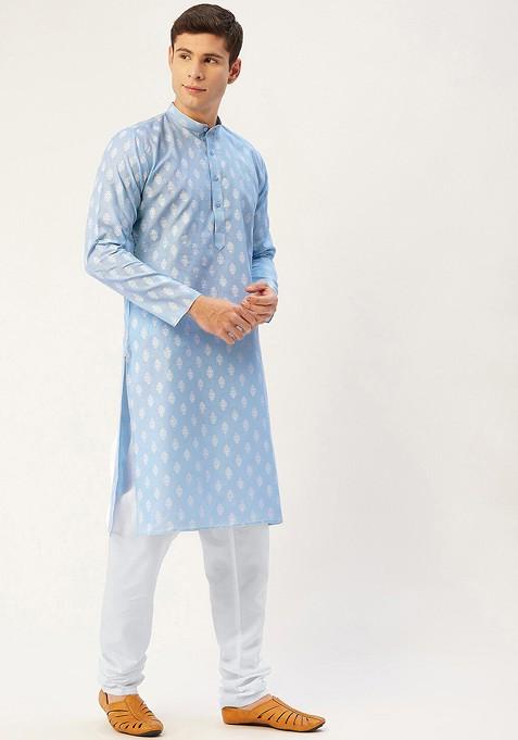 Blue Printed Poly Blend Kurta Set For Men