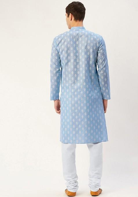 Blue Printed Poly Blend Kurta Set For Men