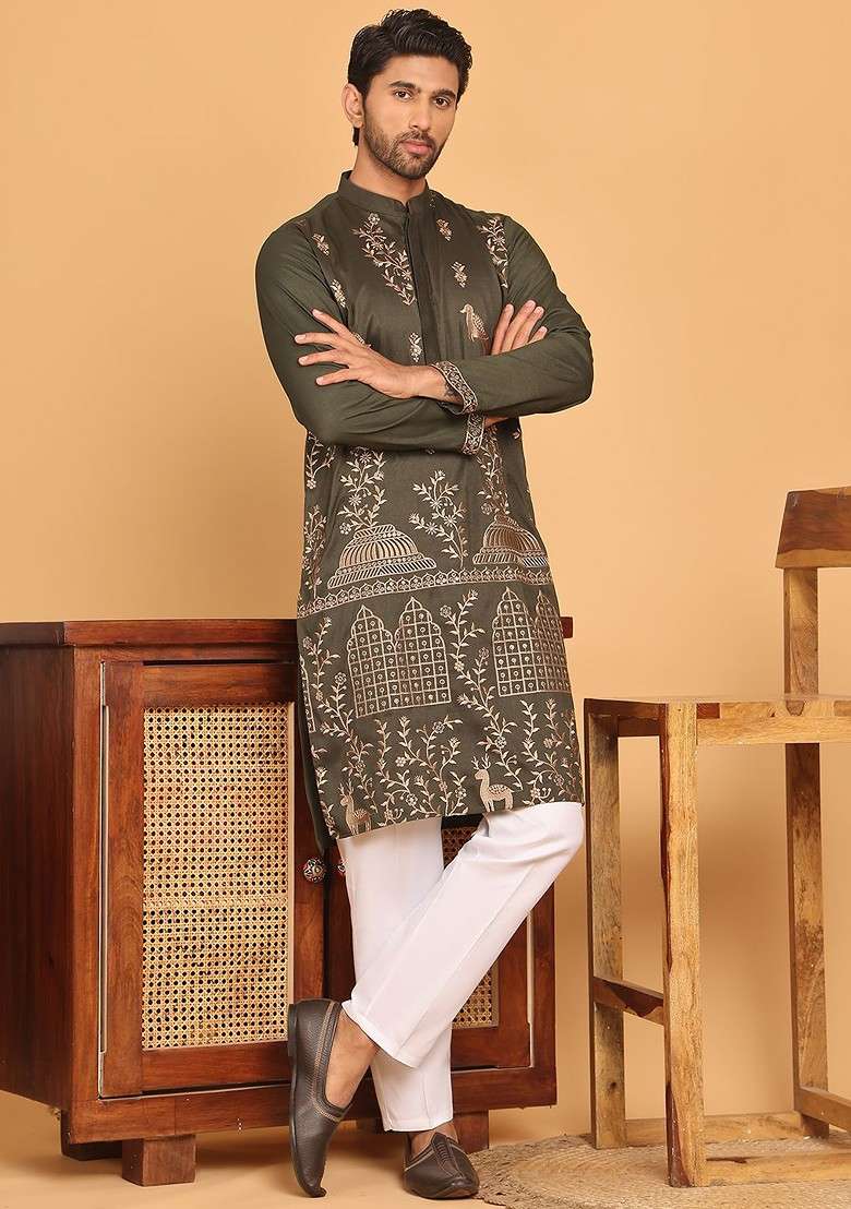 Olive Embroidered Poly Blend Kurta Set For Men - Indya