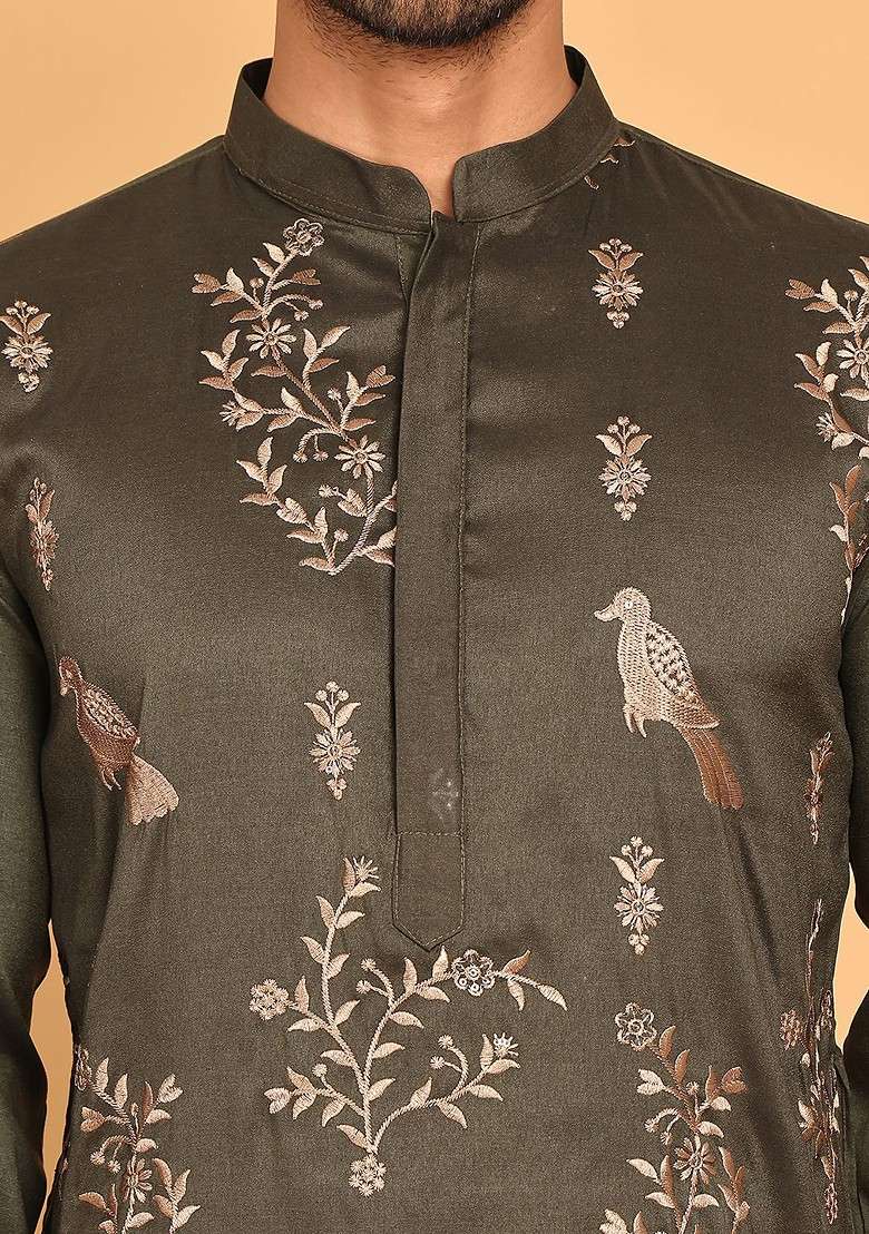 Olive Embroidered Poly Blend Kurta Set For Men - Indya