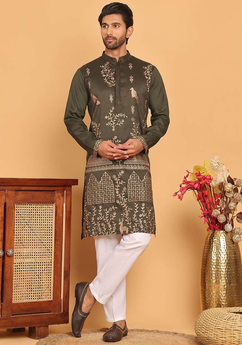 Olive Embroidered Poly Blend Kurta Set For Men - Indya