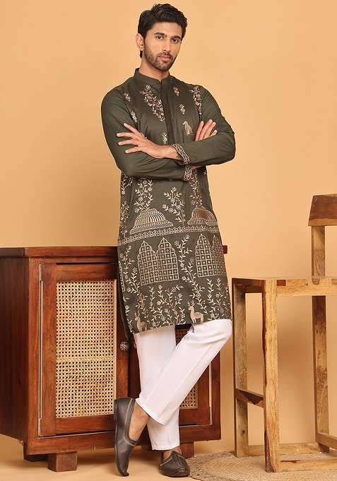 Olive Embroidered Poly Blend Kurta Set For Men