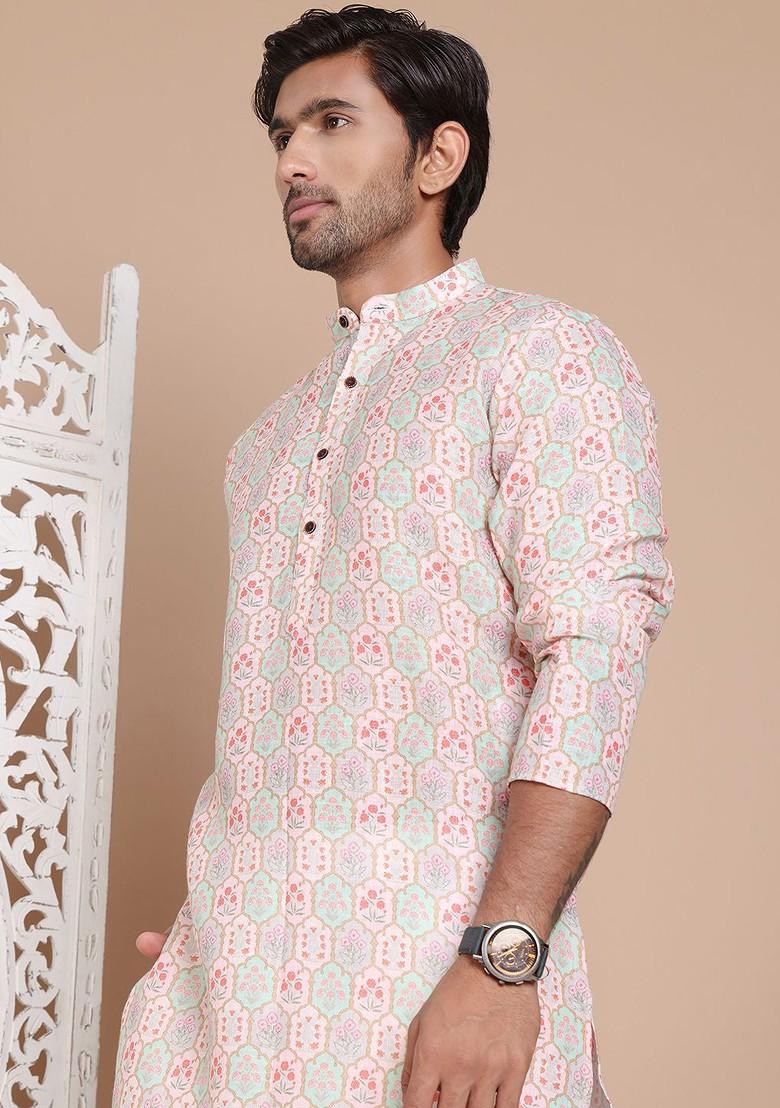 Peach Printed Poly Blend Kurta Set For Men