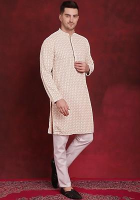 Beige Embroidered Poly Blend Kurta Set For Men
