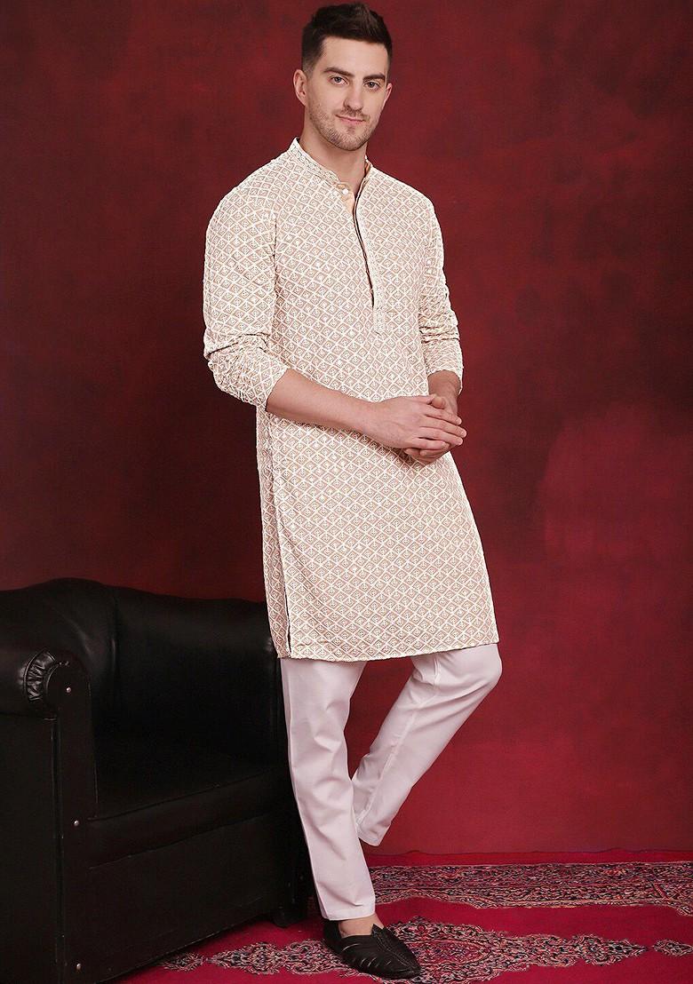 Beige Embroidered Poly Blend Kurta Set For Men
