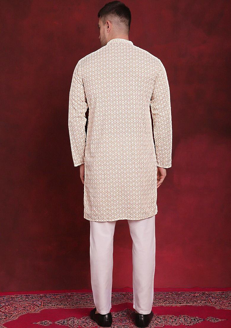 Beige Embroidered Poly Blend Kurta Set For Men