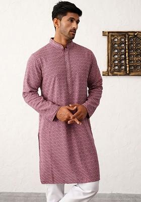 Magenta Embroidered Poly Blend Kurta Set For Men