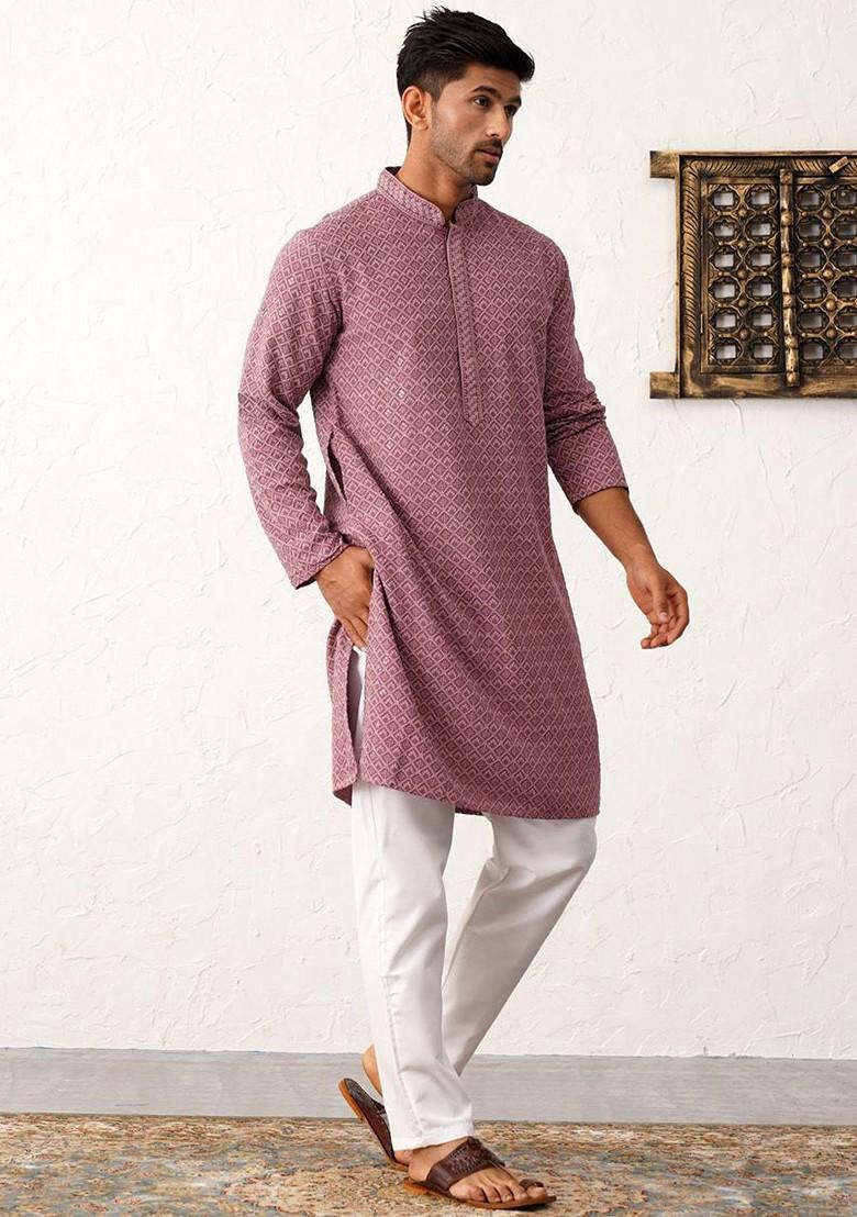 Magenta Embroidered Poly Blend Kurta Set For Men