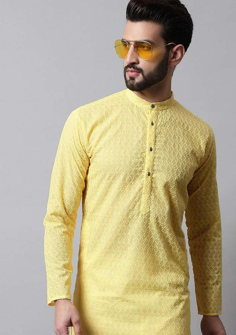 Yellow Ethnic Motif Poly Blend Kurta Set For Men - Indya