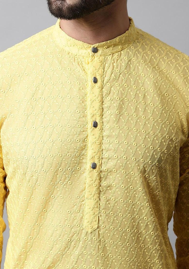 Yellow Ethnic Motif Poly Blend Kurta Set For Men