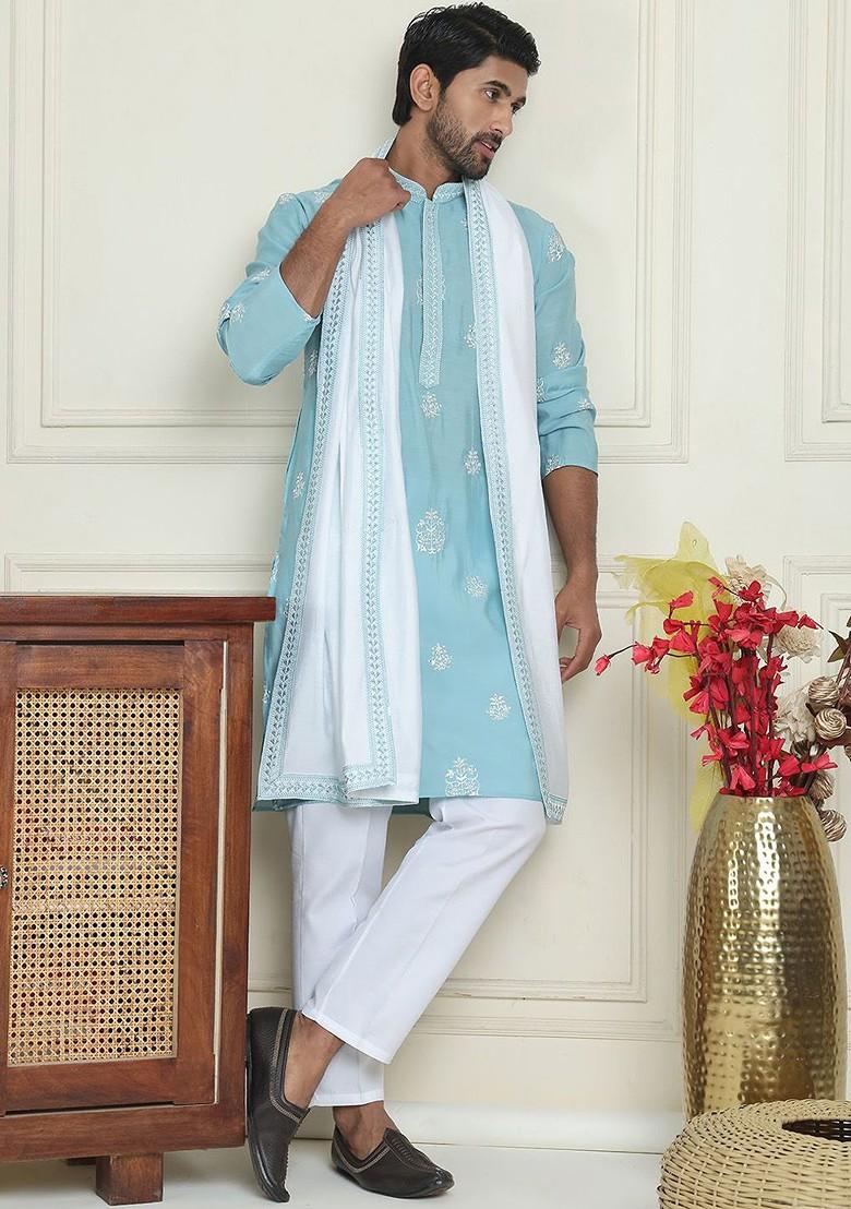 Turquoise Blue Embroidered Poly Blend Kurta Set For Men