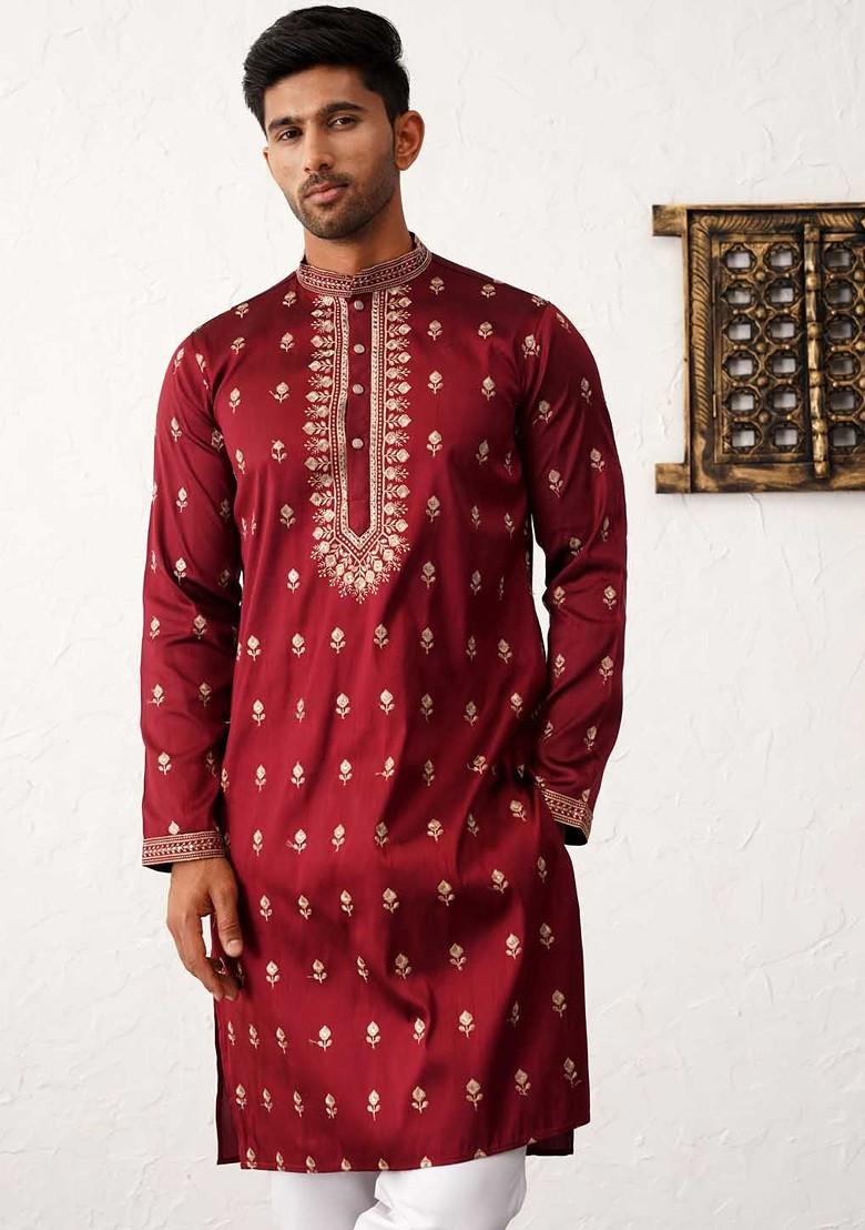 Maroon Embroidered Poly Blend Kurta Set For Men