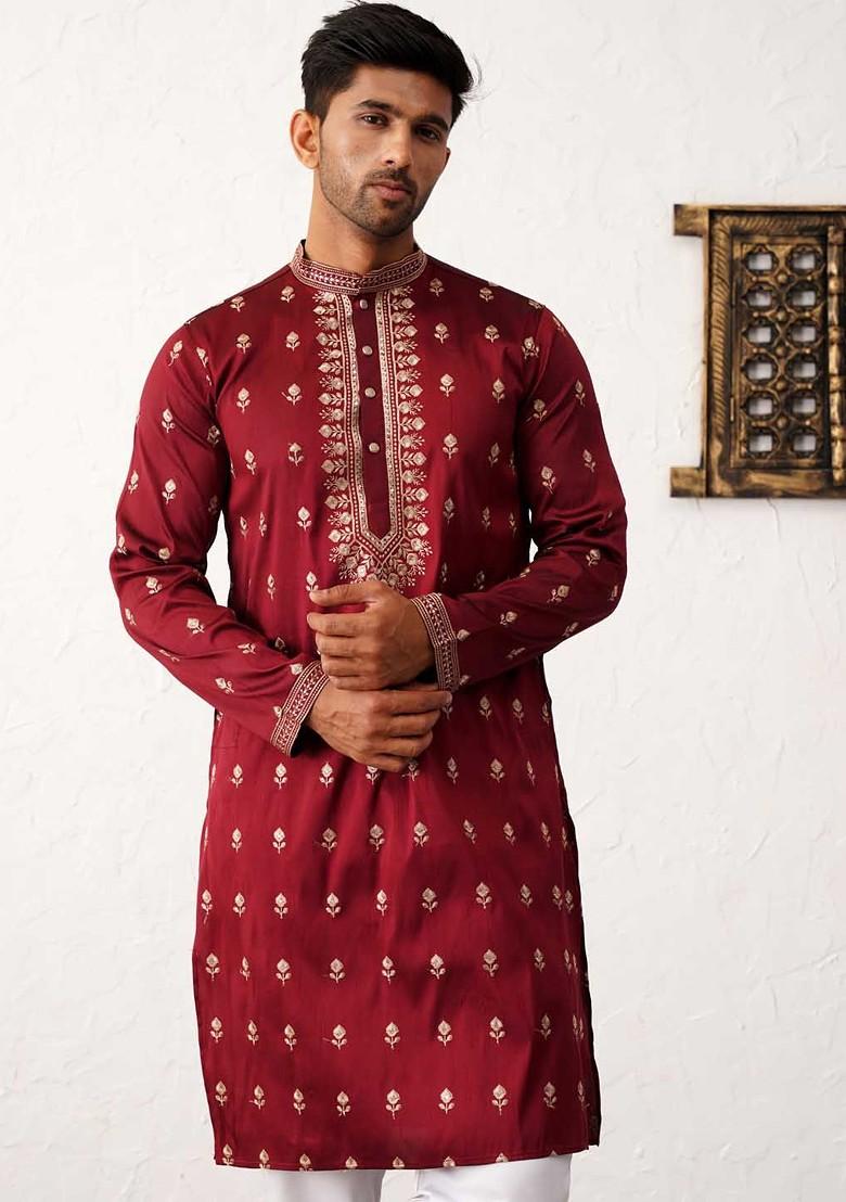 Maroon Embroidered Poly Blend Kurta Set For Men