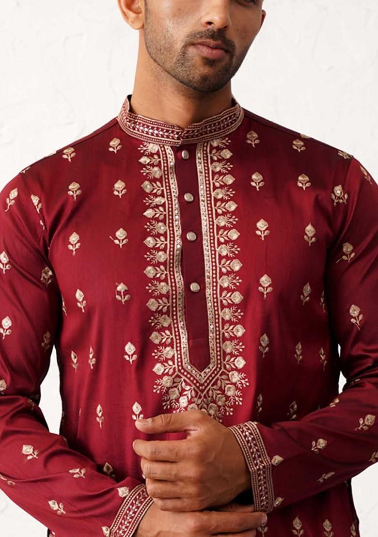 Maroon Embroidered Poly Blend Kurta Set For Men