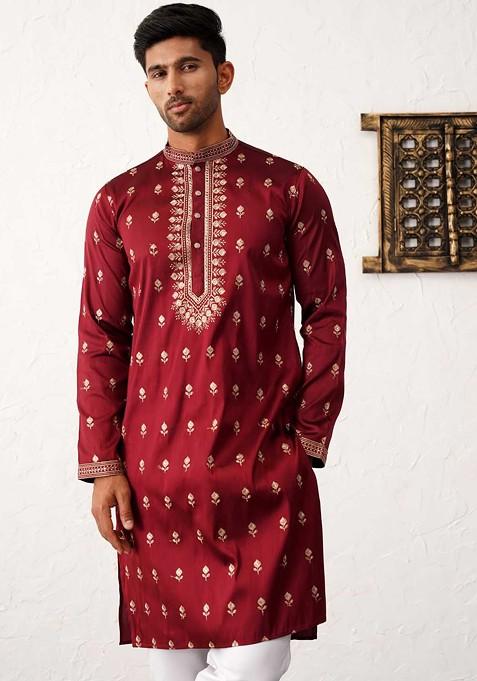 Maroon Embroidered Poly Blend Kurta Set For Men