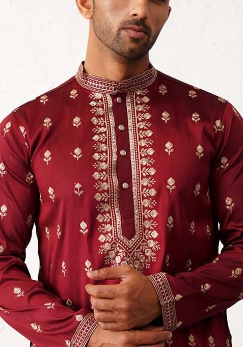 Maroon Embroidered Poly Blend Kurta Set For Men