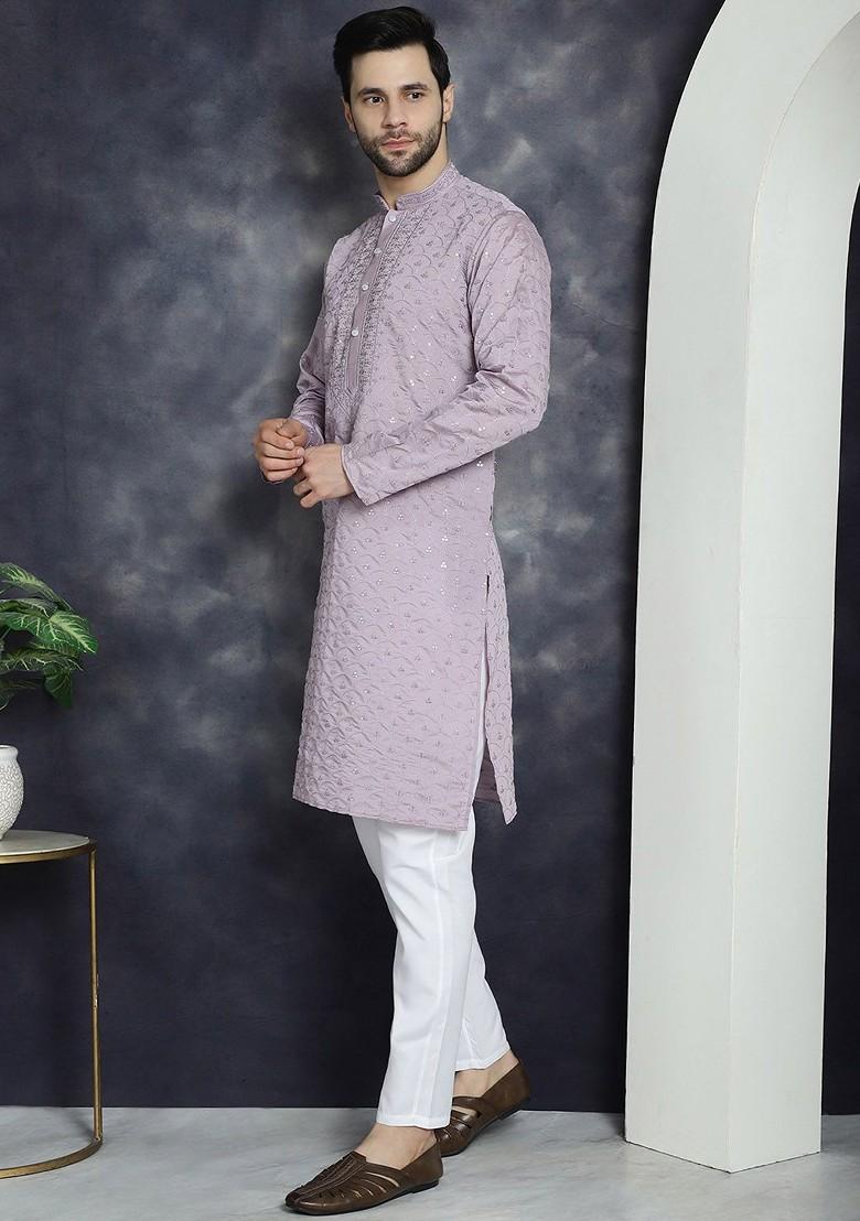 Purple Embroidered Poly Blend Kurta Set For Men