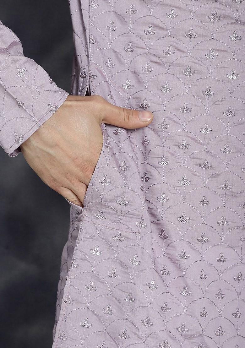 Purple Embroidered Poly Blend Kurta Set For Men