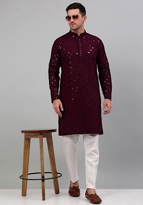 Purple Embroidered Poly Blend Kurta Set For Men