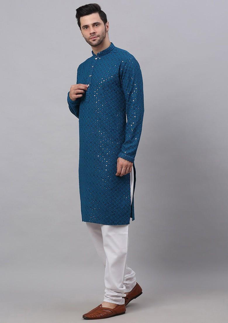 Blue Embroidered Poly Blend Kurta Set For Men