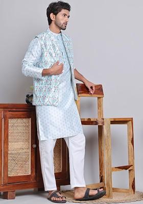 Turquoise Blue Printed Poly Blend Kurta Set For Men
