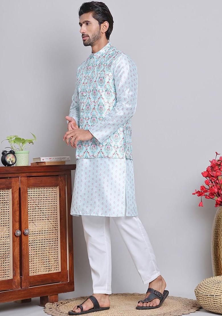 Turquoise Blue Printed Poly Blend Kurta Set For Men