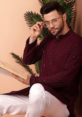 Purple Embroidered Poly Blend Kurta Set For Men