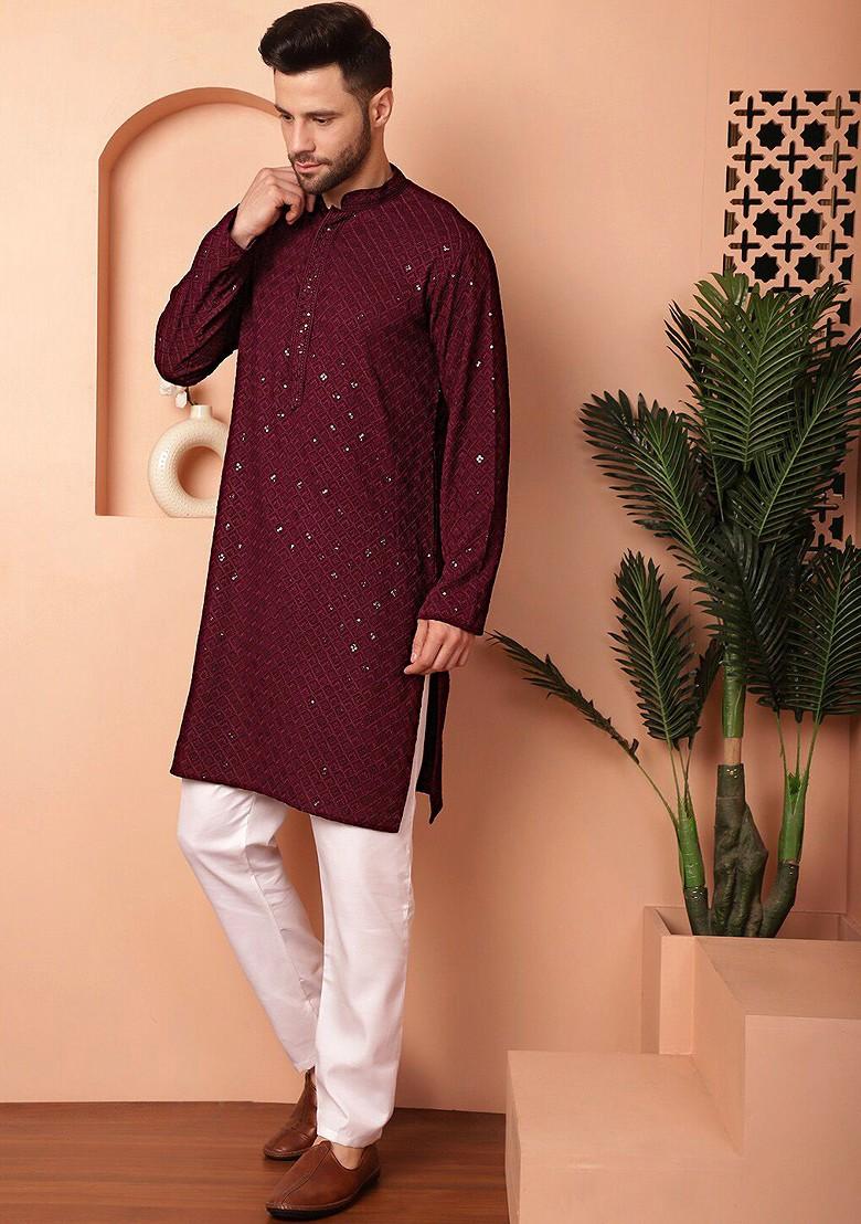 Purple Embroidered Poly Blend Kurta Set For Men