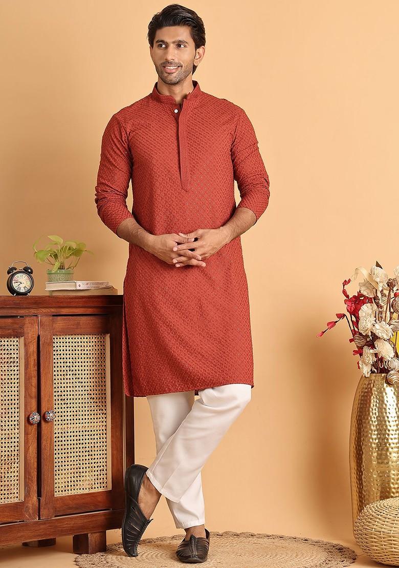 Rust Brown Embroidered Poly Blend Kurta Set For Men