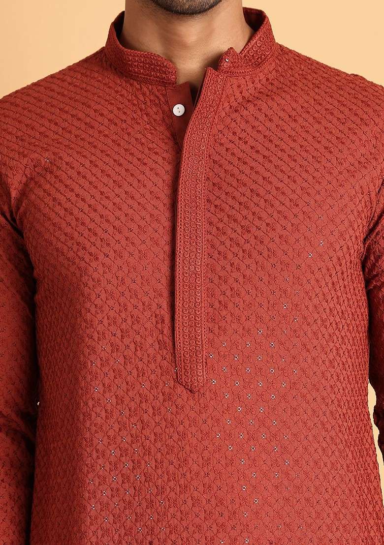 Rust Brown Embroidered Poly Blend Kurta Set For Men - Indya